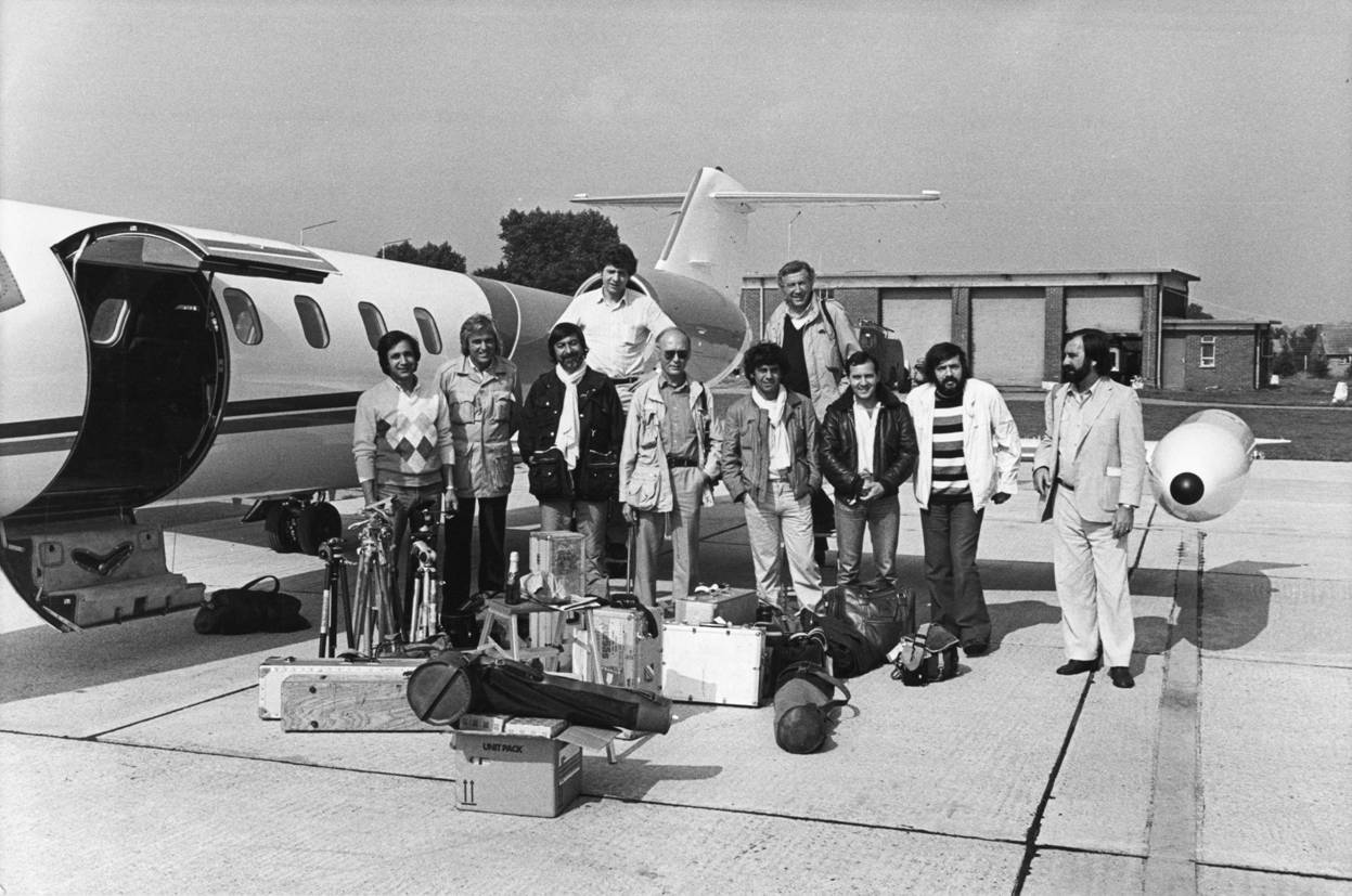 London Airport: July 29, 1981. The Sygma Agency arranged for a team of top photographers to cover the royal wedding in England speedily and effectively. The special team to cover Prince Charles and Princess Diana on July 29 1981, from Left to Right: Richard Melloul, Alain Dejean, Jean-Pierre Laffont, Jean Guichard, Alain Nogues, Jean-Louis Atlan, Jacques Pavlovsky, Gerard Rancinan, William Karel, Henri Bureau, and the author, not shown: Tim Graham. © Tim Graham / Corbis